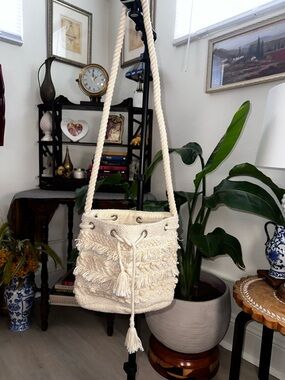 aerie Cream Fringe Rope Bucket Crossbody Bag